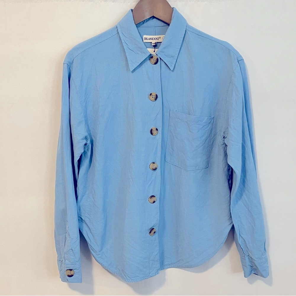 BLANKNYC Linen Blend Button-up Shirt in Light Blue with Large Buttons